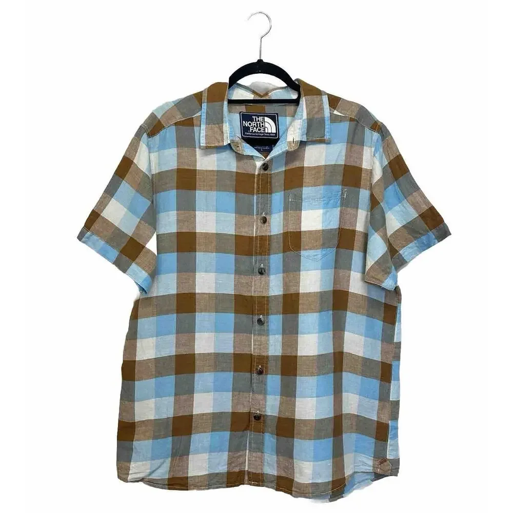 The North Face Mens Large Blue Plaid Linen Cotton Short Sleeve Button Up Shirt
